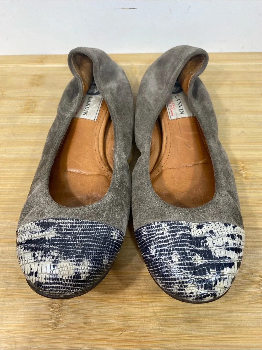 Vintage Lanvin grey Suede Ballet Flats with snakeskin Patterned Toes READ